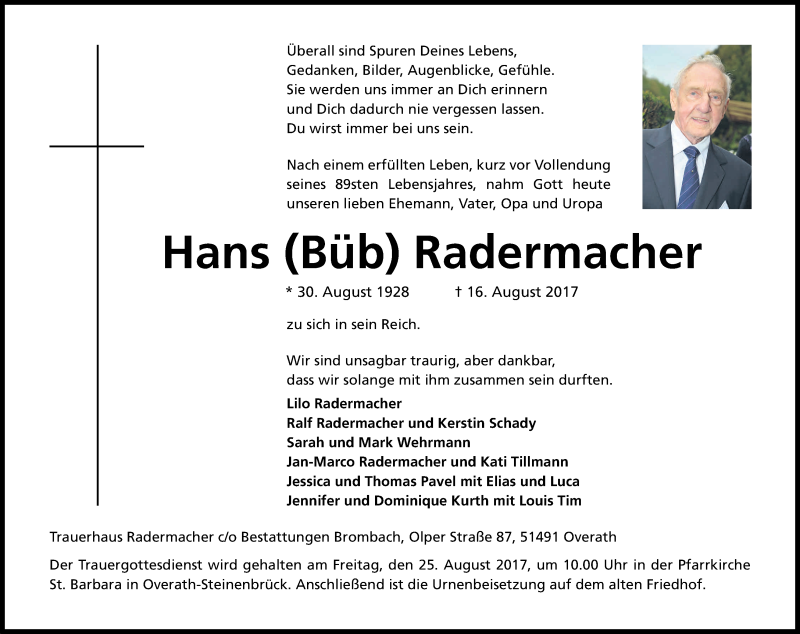  Traueranzeige für Hans Radermacher vom 21.08.2017 aus Kölner Stadt-Anzeiger / Kölnische Rundschau / Express