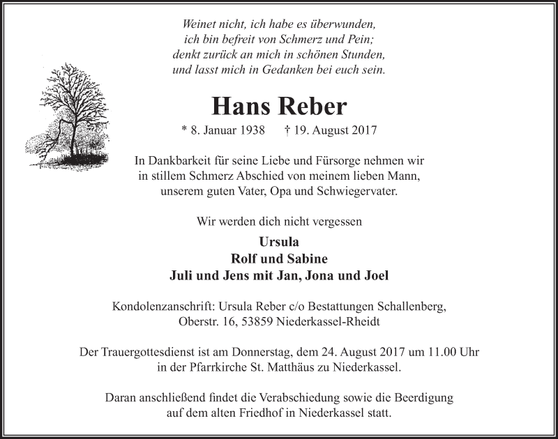  Traueranzeige für Hans Reber vom 23.08.2017 aus  Extra Blatt 