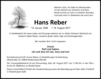Anzeige von Hans Reber von Kölner Stadt-Anzeiger / Kölnische Rundschau / Express