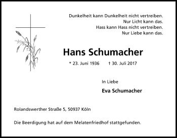 Anzeige von Hans Schumacher von Kölner Stadt-Anzeiger / Kölnische Rundschau / Express