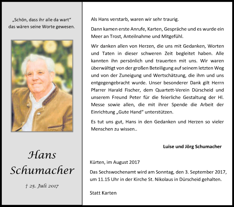  Traueranzeige für Hans Schumacher vom 26.08.2017 aus Kölner Stadt-Anzeiger / Kölnische Rundschau / Express
