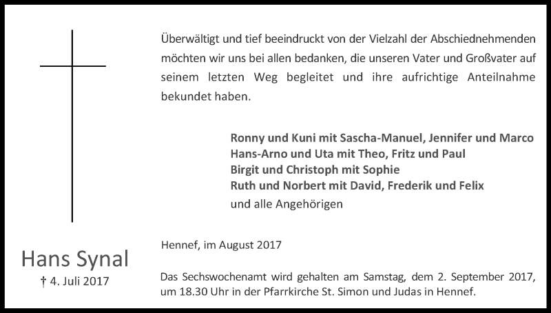  Traueranzeige für Hans Synal vom 26.08.2017 aus Kölner Stadt-Anzeiger / Kölnische Rundschau / Express