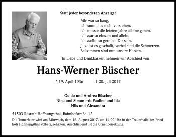 Anzeige von Hans-Werner Büscher von Kölner Stadt-Anzeiger / Kölnische Rundschau / Express