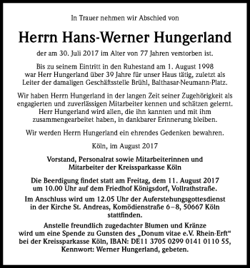 Anzeige von Hans-Werner Hungerland von Kölner Stadt-Anzeiger / Kölnische Rundschau / Express