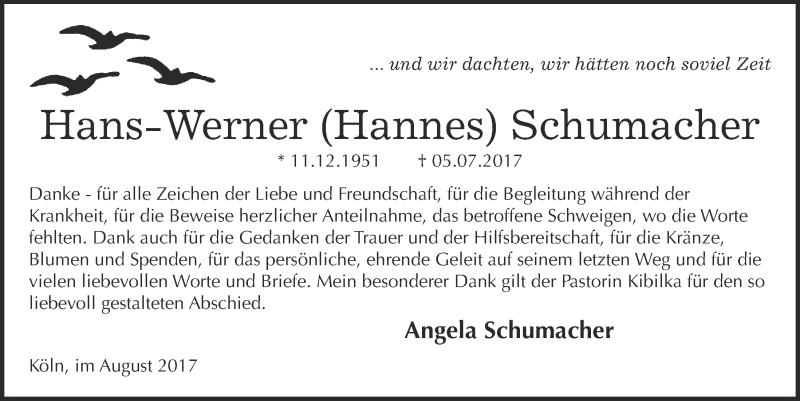  Traueranzeige für Hans-Werner Schumacher vom 16.08.2017 aus  Kölner Wochenspiegel 