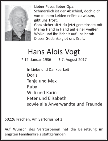 Anzeige von Hans Alois Vogt von  Sonntags-Post 