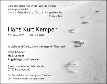 Anzeige von Hans Kurt Kemper von  Anzeigen Echo 