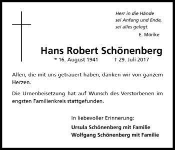 Anzeige von Hans Robert Schönenberg von Kölner Stadt-Anzeiger / Kölnische Rundschau / Express