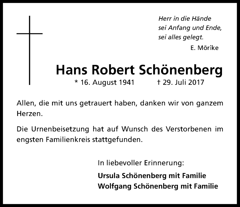  Traueranzeige für Hans Robert Schönenberg vom 26.08.2017 aus Kölner Stadt-Anzeiger / Kölnische Rundschau / Express