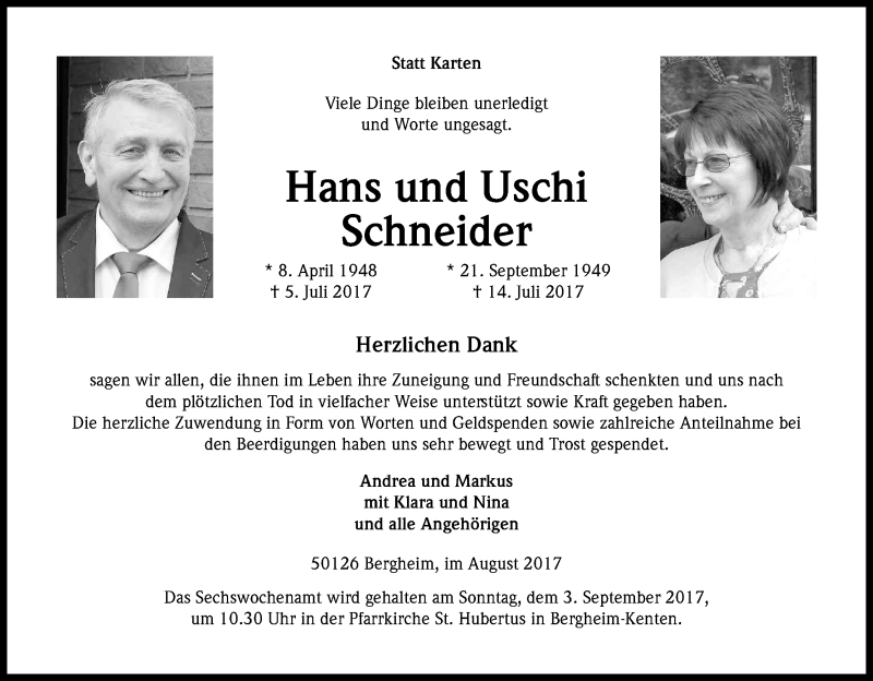  Traueranzeige für Hans und Uschi Schneider vom 26.08.2017 aus Kölner Stadt-Anzeiger / Kölnische Rundschau / Express