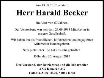 Anzeige von Harald Becker von Kölner Stadt-Anzeiger / Kölnische Rundschau / Express