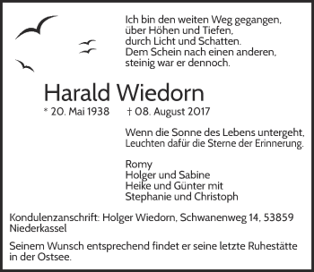 Anzeige von Harald Wiedorn von  Kölner Wochenspiegel 