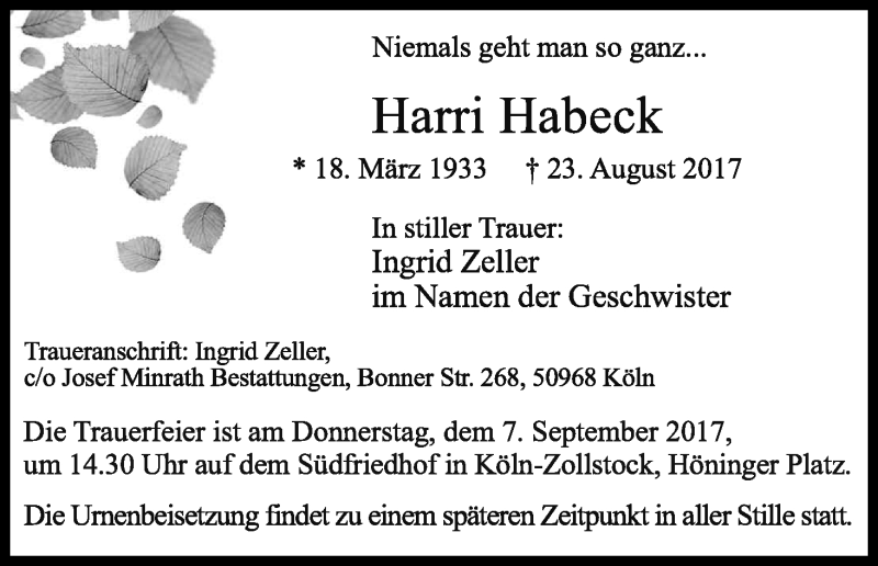  Traueranzeige für Harri Habeck vom 01.09.2017 aus Kölner Stadt-Anzeiger / Kölnische Rundschau / Express