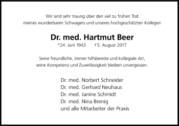 Anzeige von Hartmut Beer von Kölner Stadt-Anzeiger / Kölnische Rundschau / Express