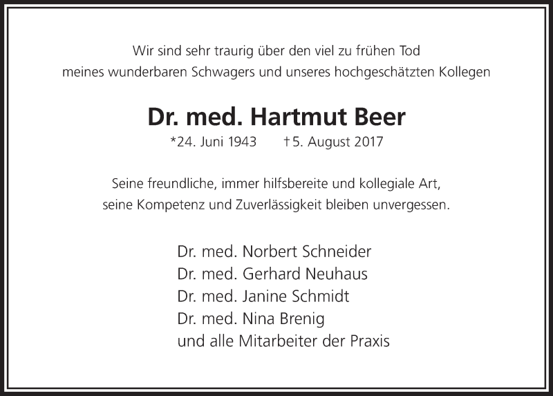  Traueranzeige für Hartmut Beer vom 16.08.2017 aus  Werbepost 