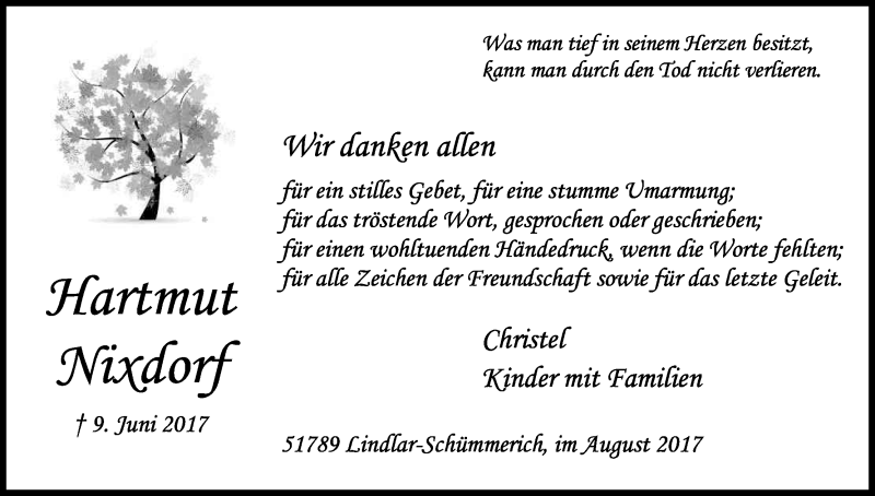  Traueranzeige für Hartmut Nixdorf vom 19.08.2017 aus Kölner Stadt-Anzeiger / Kölnische Rundschau / Express