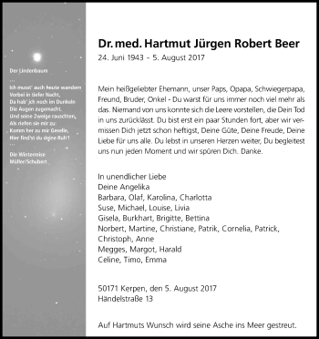 Anzeige von Hartmut Jürgen Robert Dr. med. Beer von Kölner Stadt-Anzeiger / Kölnische Rundschau / Express