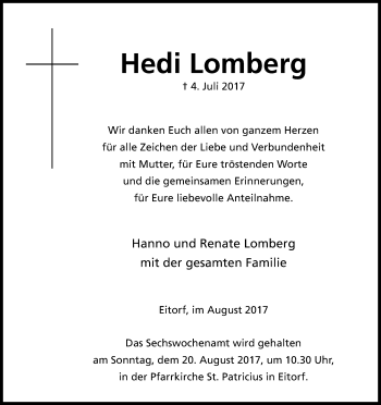 Anzeige von Hedi Lomberg von Kölner Stadt-Anzeiger / Kölnische Rundschau / Express