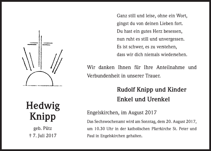  Traueranzeige für Hedwig Knipp vom 09.08.2017 aus  Anzeigen Echo 
