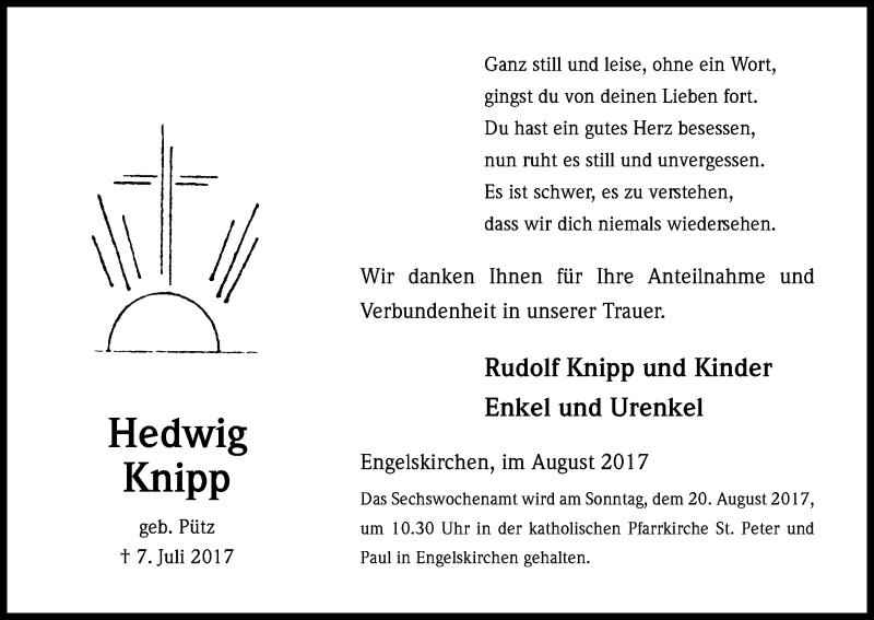  Traueranzeige für Hedwig Knipp vom 09.08.2017 aus Kölner Stadt-Anzeiger / Kölnische Rundschau / Express