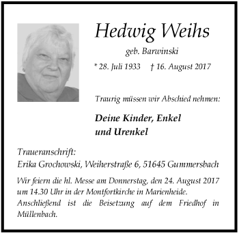 Anzeige von Hedwig Weihs von  Anzeigen Echo 