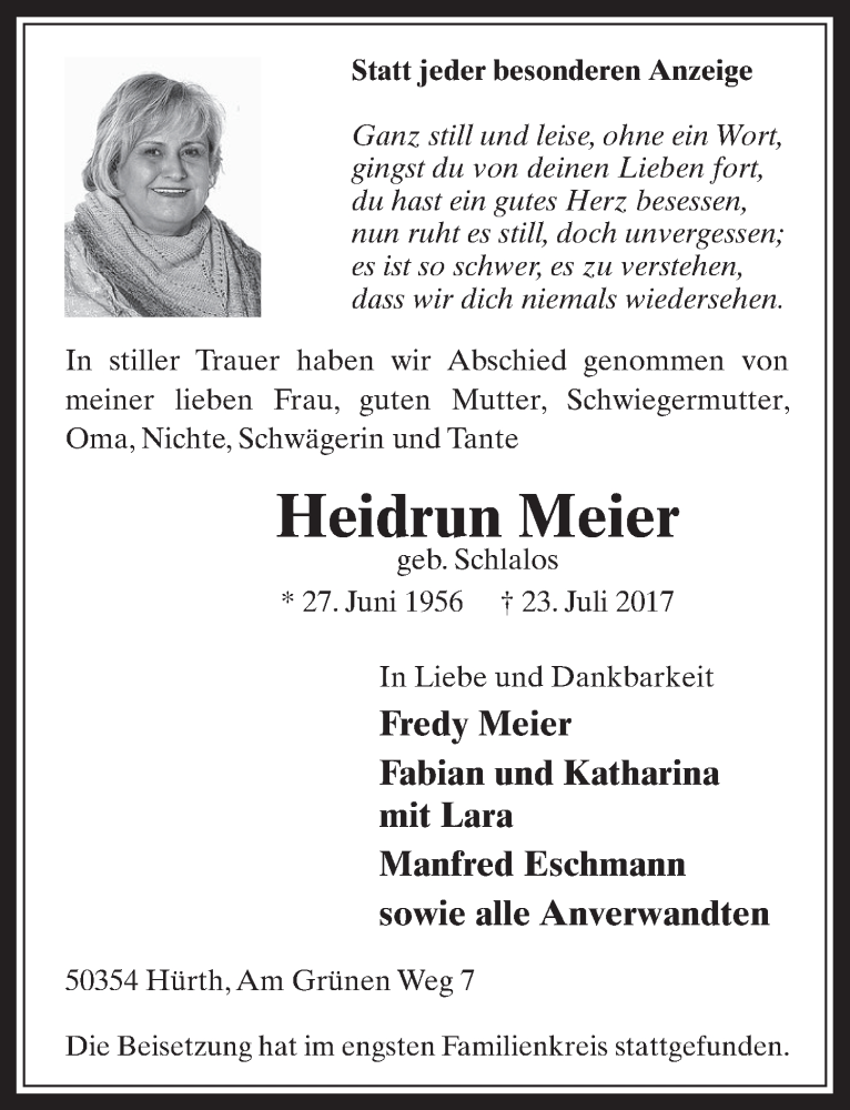  Traueranzeige für Heidrun Meier vom 02.08.2017 aus  Wochenende 