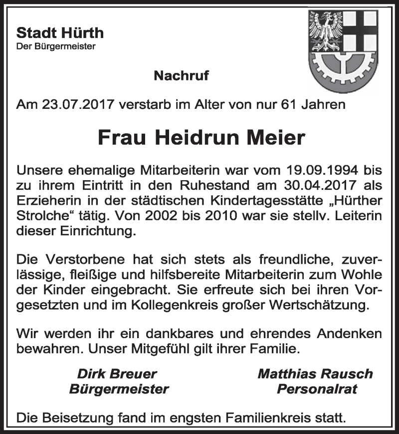  Traueranzeige für Heidrun Meier vom 19.08.2017 aus  Sonntags-Post 