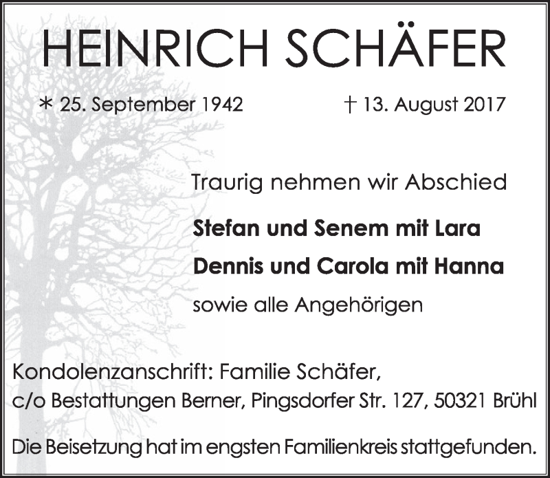  Traueranzeige für Heinrich Schäfer vom 23.08.2017 aus  Schlossbote/Werbekurier 