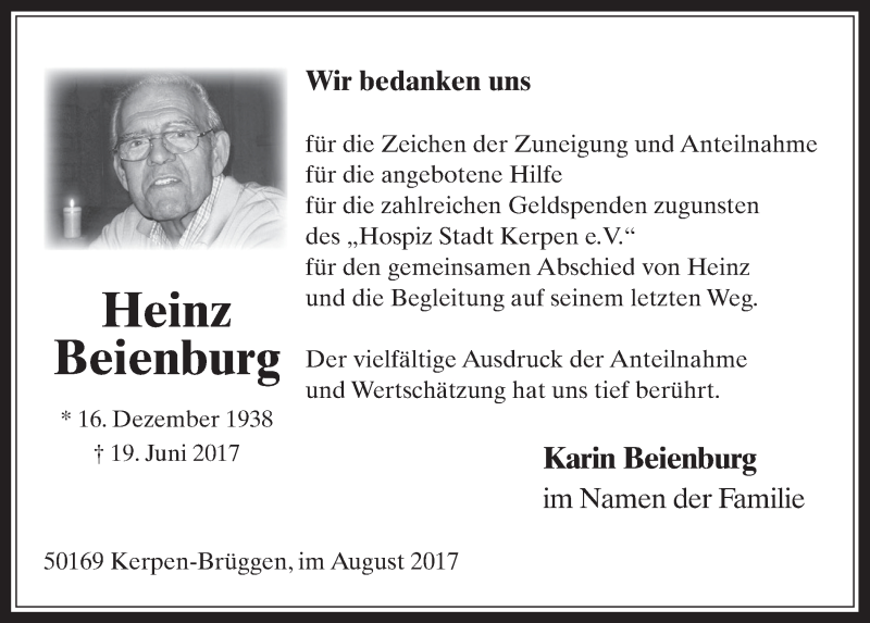  Traueranzeige für Heinz Beienburg vom 09.08.2017 aus  Werbepost 