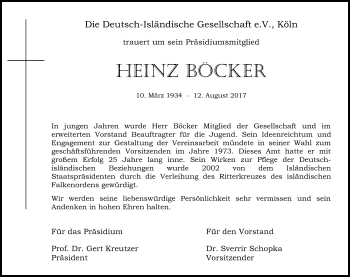 Anzeige von Heinz Böcker von Kölner Stadt-Anzeiger / Kölnische Rundschau / Express