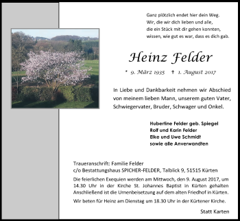 Anzeige von Heinz Felder von Kölner Stadt-Anzeiger / Kölnische Rundschau / Express