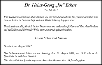 Anzeige von Heinz-Georg Joe Eckert von Kölner Stadt-Anzeiger / Kölnische Rundschau / Express