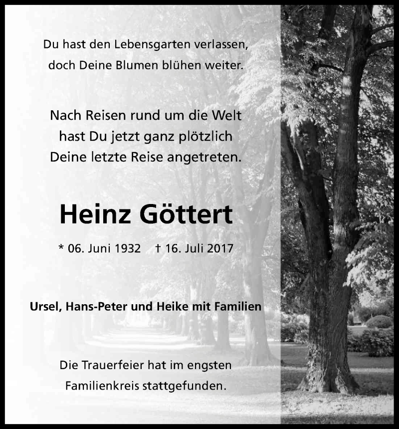  Traueranzeige für Heinz Göttert vom 05.08.2017 aus Kölner Stadt-Anzeiger / Kölnische Rundschau / Express