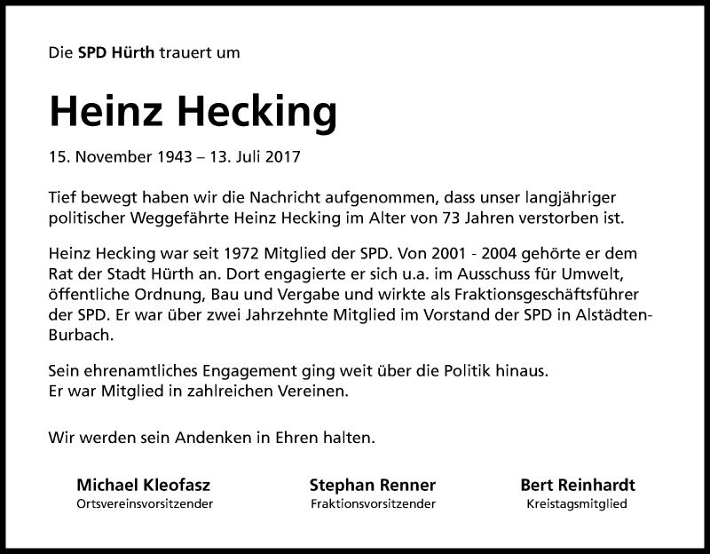  Traueranzeige für Heinz Hecking vom 05.08.2017 aus Kölner Stadt-Anzeiger / Kölnische Rundschau / Express