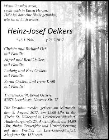 Anzeige von Heinz-Josef Oelkers von Kölner Stadt-Anzeiger / Kölnische Rundschau / Express