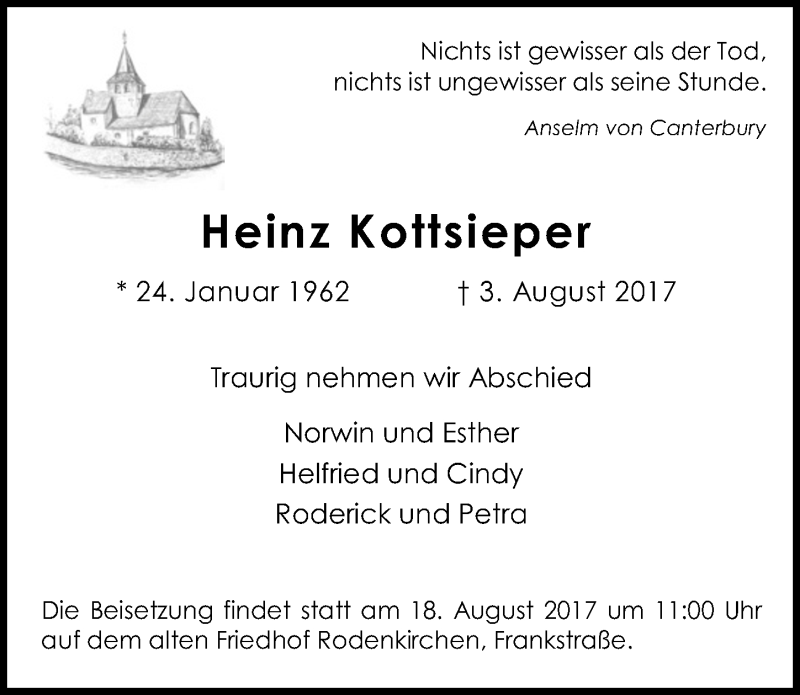  Traueranzeige für Heinz Kottsieper vom 09.08.2017 aus  Kölner Wochenspiegel 