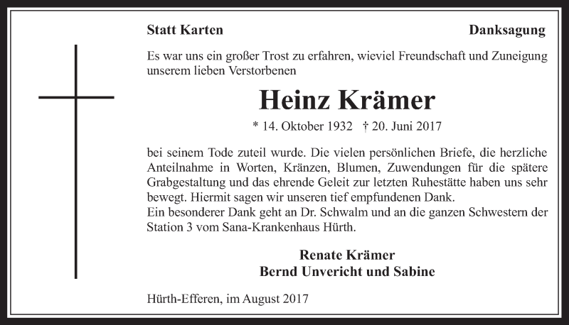  Traueranzeige für Heinz Krämer vom 09.08.2017 aus  Wochenende 
