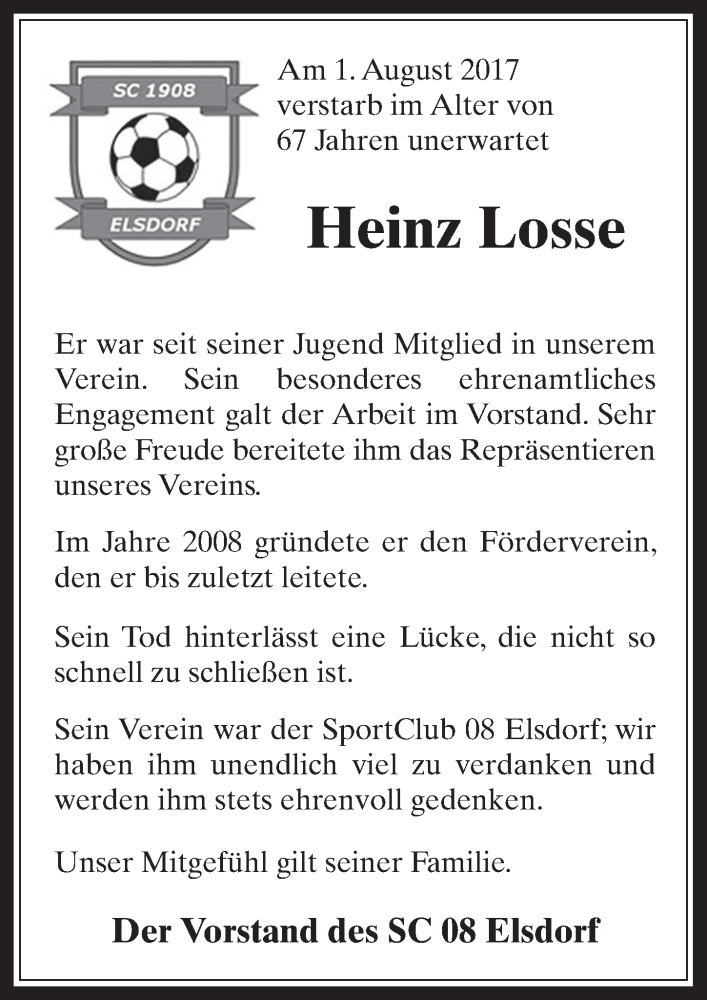  Traueranzeige für Heinz Losse vom 12.08.2017 aus  Sonntags-Post 