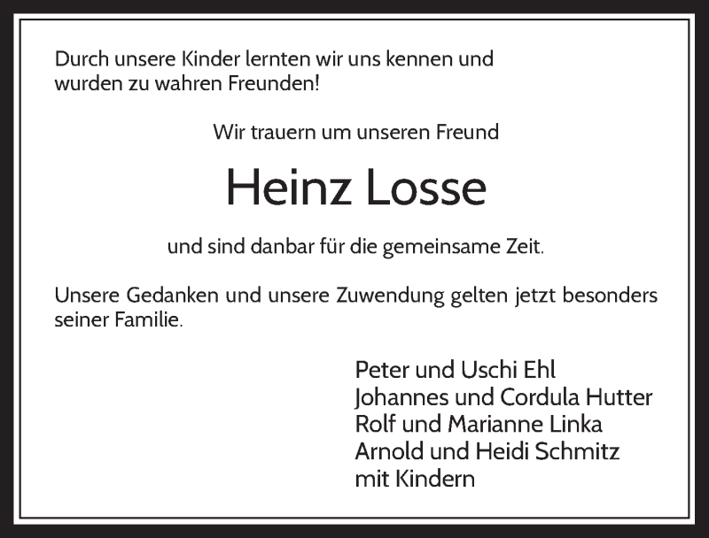  Traueranzeige für Heinz Losse vom 12.08.2017 aus  Sonntags-Post 