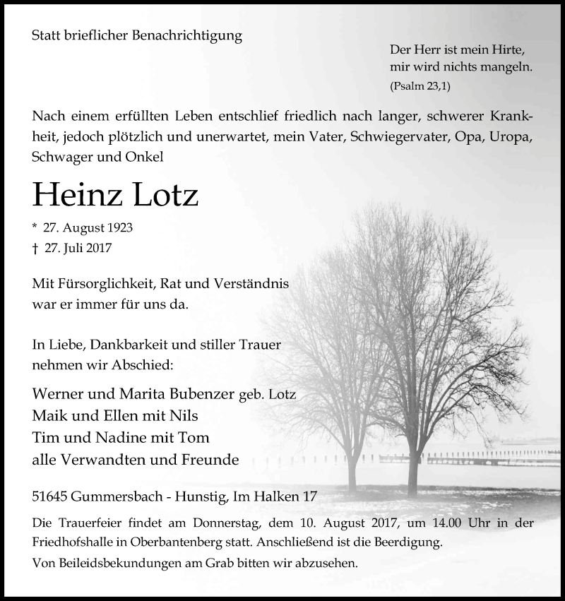  Traueranzeige für Heinz Lotz vom 04.08.2017 aus Kölner Stadt-Anzeiger / Kölnische Rundschau / Express