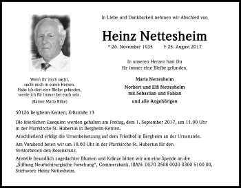Anzeige von Heinz Nettesheim von Kölner Stadt-Anzeiger / Kölnische Rundschau / Express
