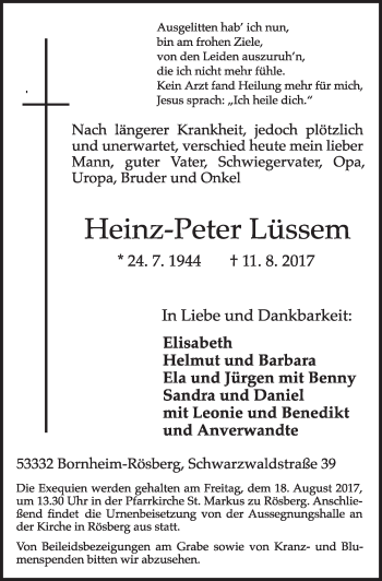 Anzeige von Heinz-Peter Lüssem von  Schlossbote/Werbekurier 