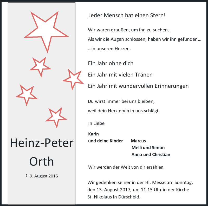  Traueranzeige für Heinz-Peter Orth vom 09.08.2017 aus Kölner Stadt-Anzeiger / Kölnische Rundschau / Express