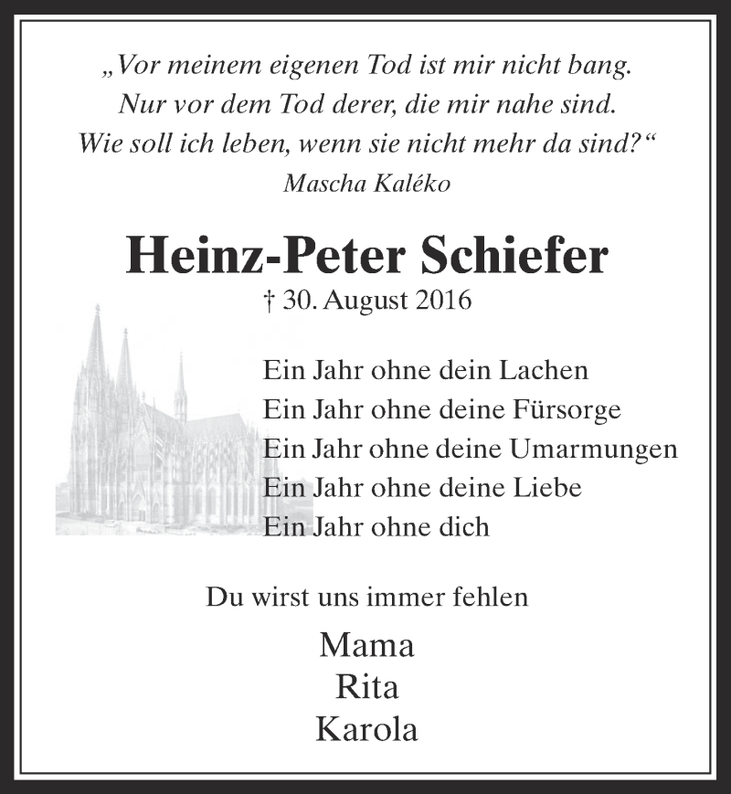  Traueranzeige für Heinz-Peter Schiefer vom 30.08.2017 aus  Wochenende 