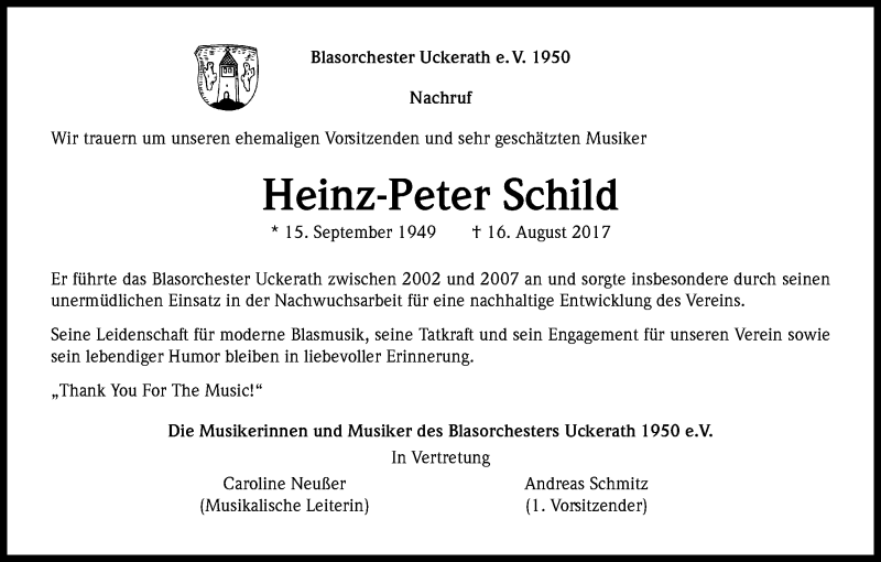  Traueranzeige für Heinz-Peter Schild vom 22.08.2017 aus Kölner Stadt-Anzeiger / Kölnische Rundschau / Express