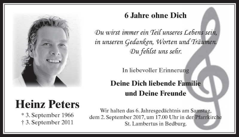  Traueranzeige für Heinz Peters vom 30.08.2017 aus  Werbepost 