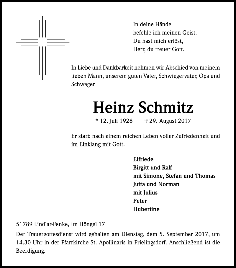  Traueranzeige für Heinz Schmitz vom 31.08.2017 aus Kölner Stadt-Anzeiger / Kölnische Rundschau / Express