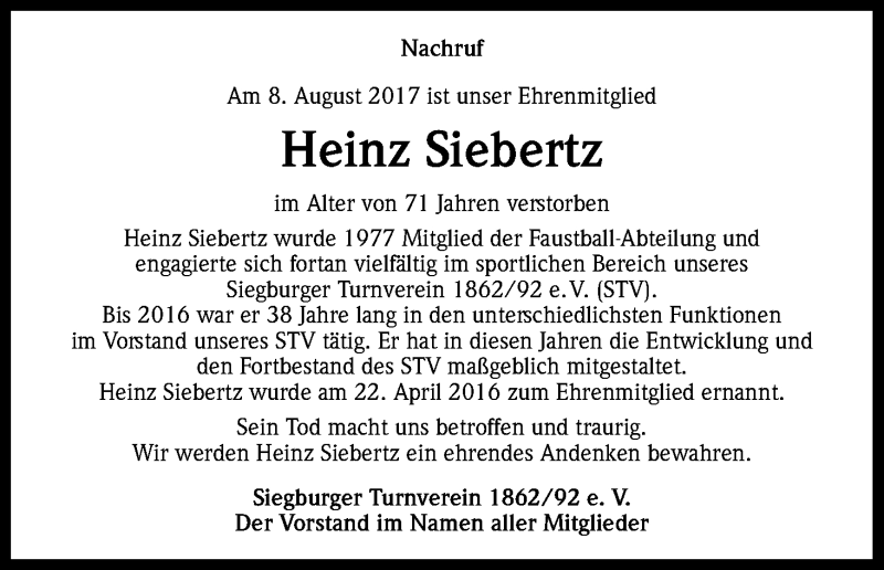  Traueranzeige für Heinz Siebertz vom 19.08.2017 aus Kölner Stadt-Anzeiger / Kölnische Rundschau / Express