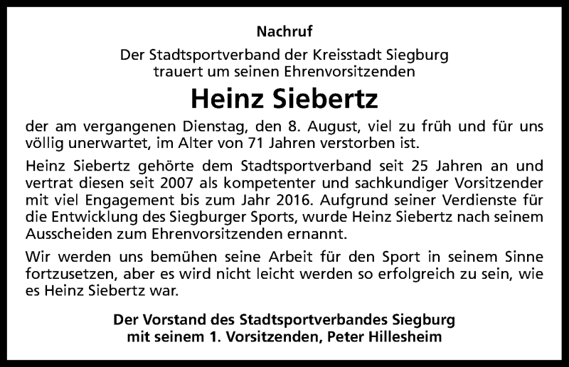  Traueranzeige für Heinz Siebertz vom 18.08.2017 aus Kölner Stadt-Anzeiger / Kölnische Rundschau / Express