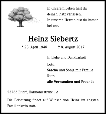 Anzeige von Heinz Siebertz von Kölner Stadt-Anzeiger / Kölnische Rundschau / Express
